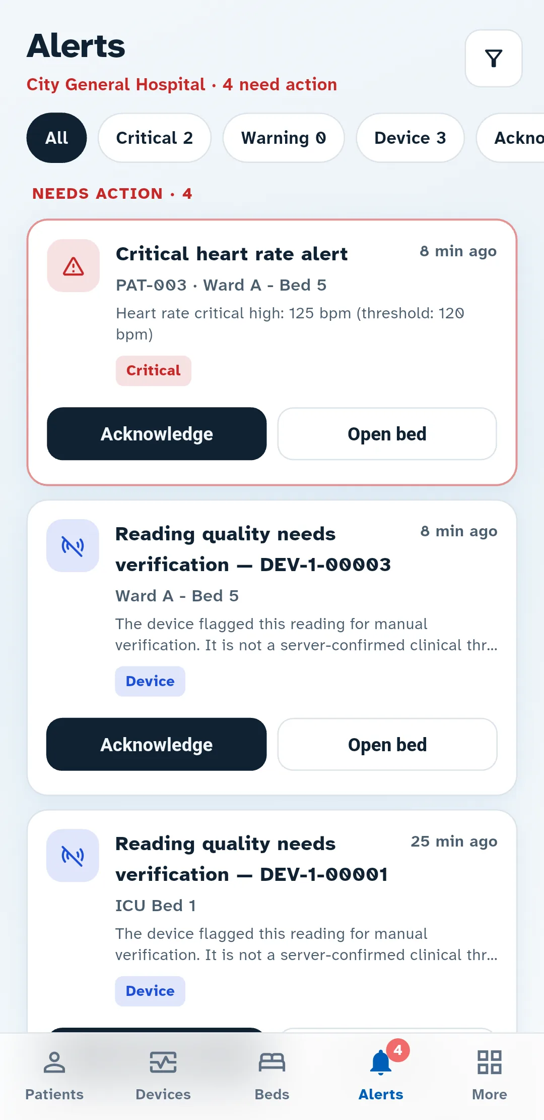 ArogyaSync app alerts list with a critical heart rate alert for Ward A, Bed 5 and buttons to acknowledge it or open the bed