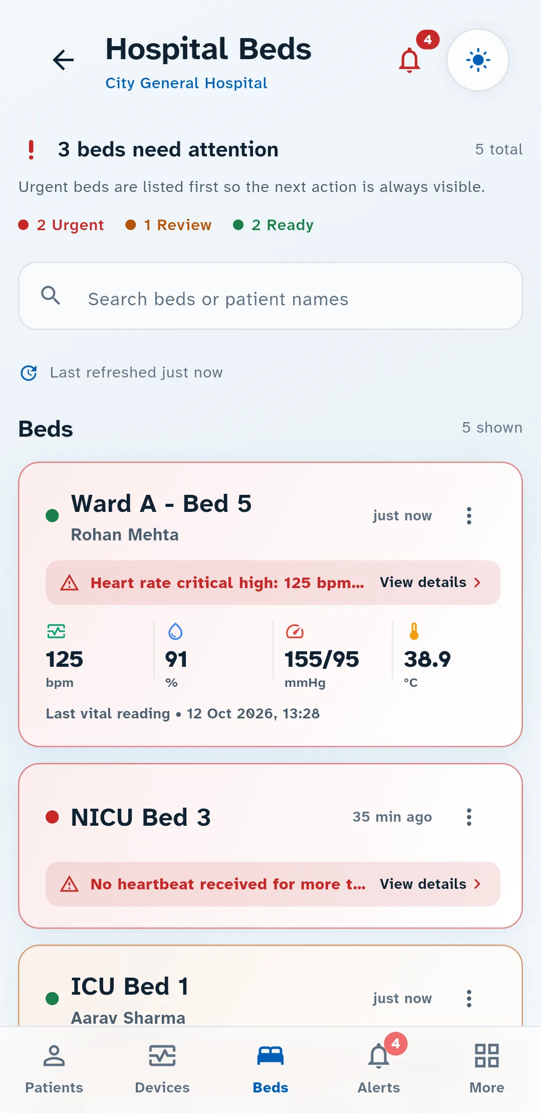 ArogyaSync app ward view: beds that need attention are listed first, each with heart rate, SpO2, blood pressure and temperature