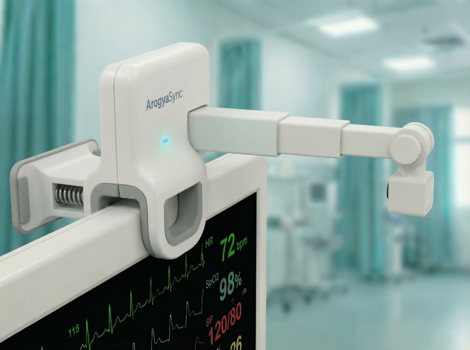 ArogyaSync Retrofit Device seamlessly attached to a legacy vital signs monitor in an active ICU setting